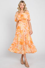 Orange Floral Flounce Off Shoulder Midi Dress