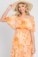 Orange Floral Flounce Off Shoulder Midi Dress