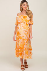 Orange Floral Flounce Off Shoulder Maternity Midi Dress