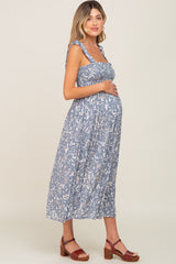 Light Blue Floral Smocked Shoulder Tie Maternity Midi Dress