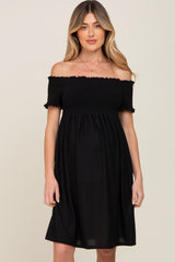 Black Swiss Dot Off Shoulder Maternity Dress