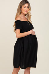 Black Swiss Dot Off Shoulder Maternity Dress