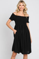 Black Swiss Dot Off Shoulder Maternity Dress