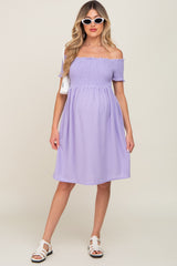 Lavender Swiss Dot Off Shoulder Maternity Dress