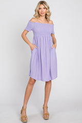 Lavender Swiss Dot Off Shoulder Maternity Dress