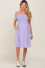 Lavender Swiss Dot Off Shoulder Maternity Dress