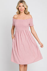 Mauve Swiss Dot Off Shoulder Maternity Dress