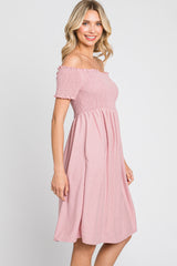 Mauve Swiss Dot Off Shoulder Dress