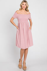 Mauve Swiss Dot Off Shoulder Dress