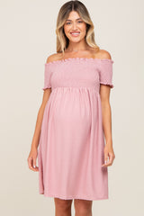 Mauve Swiss Dot Off Shoulder Maternity Dress