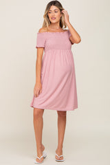 Mauve Swiss Dot Off Shoulder Maternity Dress