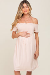 Peach Swiss Dot Off Shoulder Maternity Dress