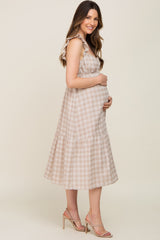 Beige Checkered Linen Sweetheart Neck Ruffle Strap Maternity Midi Dress