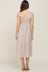 Beige Checkered Linen Sweetheart Neck Ruffle Strap Maternity Midi Dress