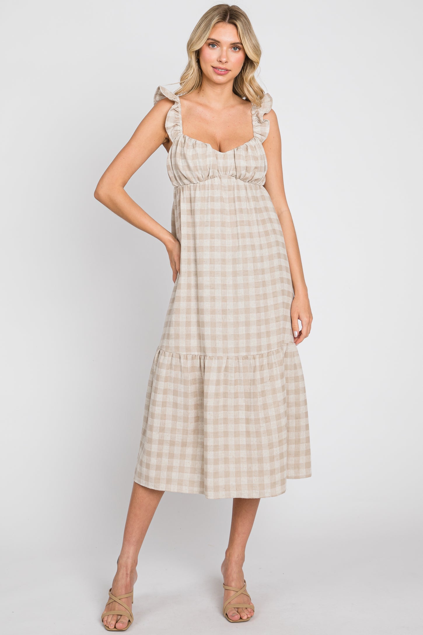 Ruffle Neck Linen Midi Dress