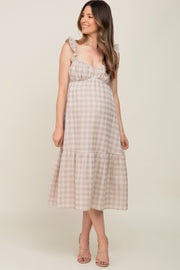 Beige Checkered Linen Sweetheart Neck Ruffle Strap Maternity Midi Dress