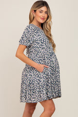 Navy Blue Floral Back Tie Tiered Short Sleeve Maternity Dress