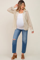 Light Olive Textured Stripe Collared Button-Down Long Sleeve Maternity Top