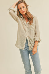 Light Olive Textured Stripe Collared Button-Down Long Sleeve Maternity Top