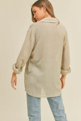 Light Olive Textured Stripe Collared Button-Down Long Sleeve Top