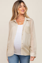 Light Olive Textured Stripe Collared Button-Down Long Sleeve Maternity Top