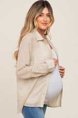 Light Olive Textured Stripe Collared Button-Down Long Sleeve Maternity Top