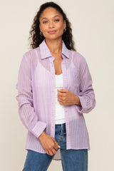 Lavender Textured Stripe Collared Button-Down Long Sleeve Top