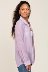 Lavender Textured Stripe Collared Button-Down Long Sleeve Top