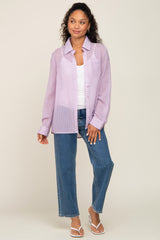 Lavender Textured Stripe Collared Button-Down Long Sleeve Top