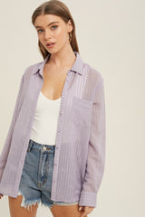 Lavender Textured Stripe Collared Button-Down Long Sleeve Maternity Top