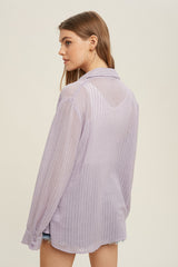 Lavender Textured Stripe Collared Button-Down Long Sleeve Top