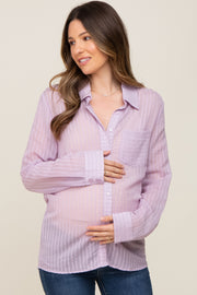 Lavender Textured Stripe Collared Button-Down Long Sleeve Maternity Top