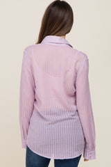 Lavender Textured Stripe Collared Button-Down Long Sleeve Maternity Top