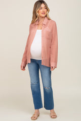 Mauve Textured Stripe Collared Button-Down Long Sleeve Maternity Top