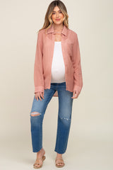 Mauve Textured Stripe Collared Button-Down Long Sleeve Maternity Top