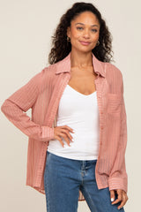 Mauve Textured Stripe Collared Button-Down Long Sleeve Top