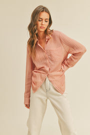 Mauve Textured Stripe Collared Button-Down Long Sleeve Top