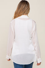 White Textured Stripe Collared Button-Down Long Sleeve Maternity Top