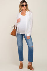 White Textured Stripe Collared Button-Down Long Sleeve Maternity Top