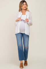 White Textured Stripe Collared Button-Down Long Sleeve Maternity Top