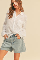 White Textured Stripe Collared Button-Down Long Sleeve Top