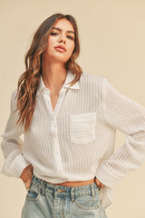 White Textured Stripe Collared Button-Down Long Sleeve Top