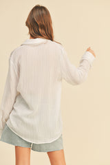 White Textured Stripe Collared Button-Down Long Sleeve Top