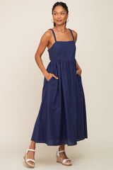 Navy Blue Linen Square Neck Lace-Up Back Midi Dress