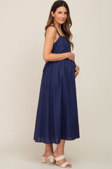 Navy Blue Linen Square Neck Lace-Up Back Maternity Midi Dress