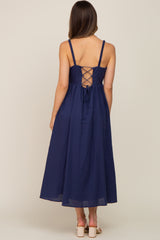 Navy Blue Linen Square Neck Lace-Up Back Maternity Midi Dress