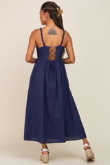 Navy Blue Linen Square Neck Lace-Up Back Midi Dress