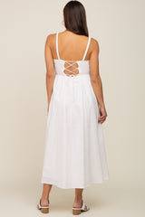 White Linen Square Neck Lace-Up Back Maternity Midi Dress