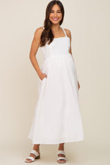 White Linen Square Neck Lace-Up Back Maternity Midi Dress