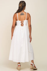 White Linen Square Neck Lace-Up Back Midi Dress